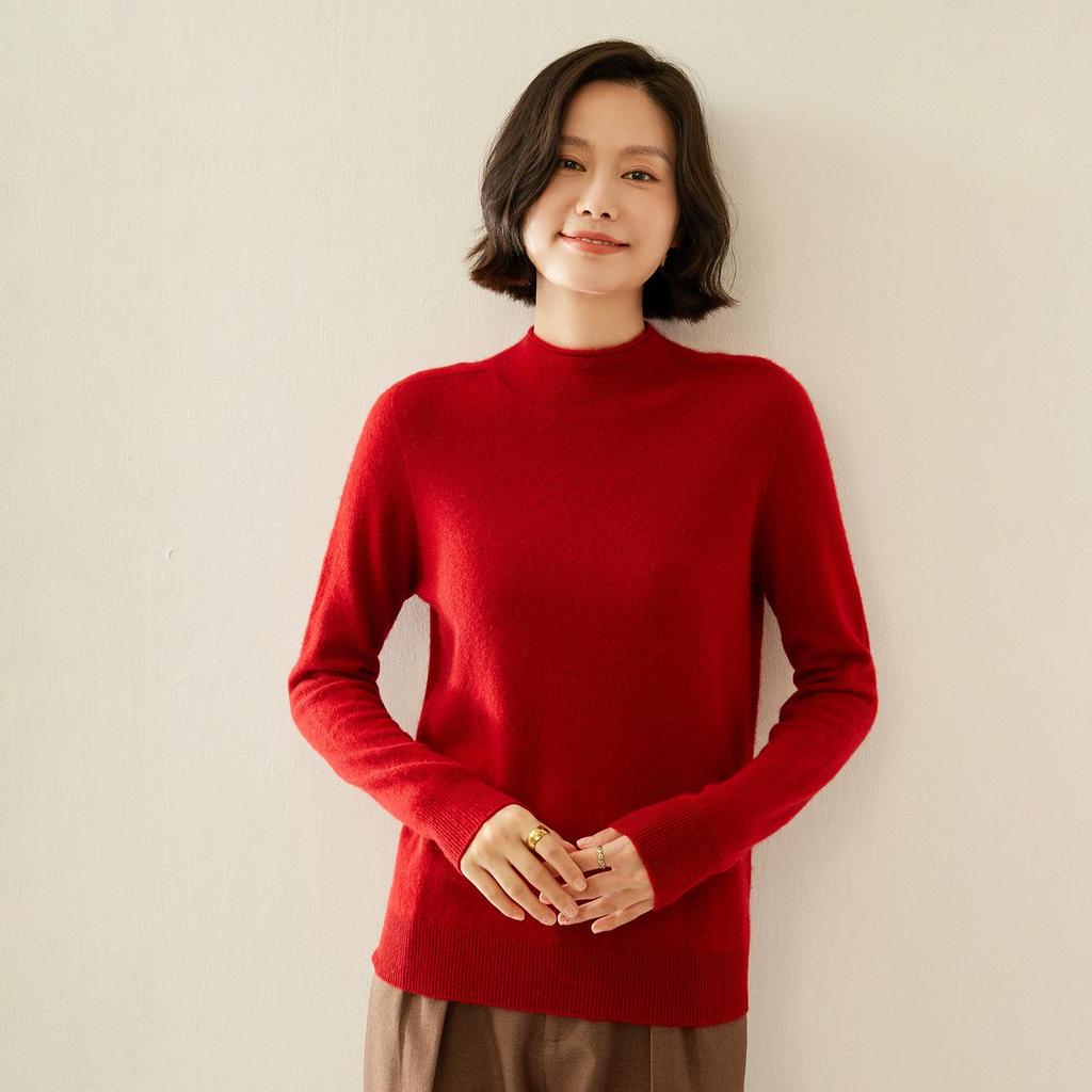 Women's Cashmere Half-High Collar Sweater: Autumn/Winter Style, Twelve-Stitch Rolled Hem, Loose Slimming Knit Base Layer