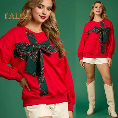 Рождественская толстовка с капюшоном для женщин с круглым вырезом и длинным рукавом, клетчатый принт, декор в виде банта, спортивные топы свободного кроя, повседневные пуловеры