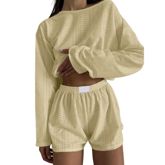2 Pcs/Set Women Top Shorts Suit High Waist Shorts Hollow Out Loose Cropped Blouse Long Sleeves Solid Color Outfit for Sport Jogging Sleeping