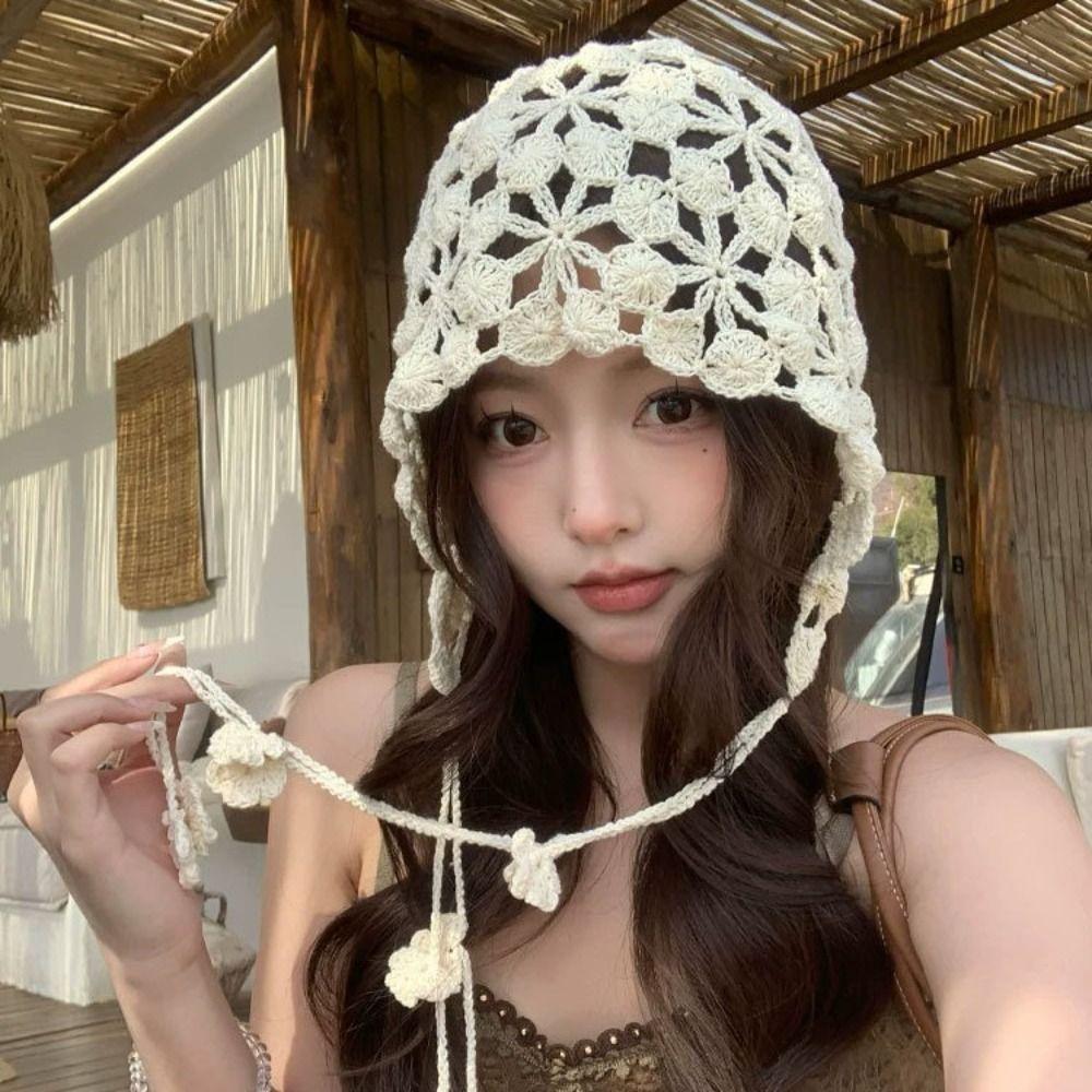 Tassel Hollowed Out Knitted Hat Floral Weave Cap Retro Bohemian Style Beanies Outdoor