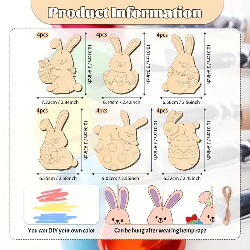 24pcs Easter Bunny & Egg Wooden Hanging Decorations Kit - DIY Paint-Your-Own Craft Set with Twine, Colorful Blank Wood Chips for Festive Home