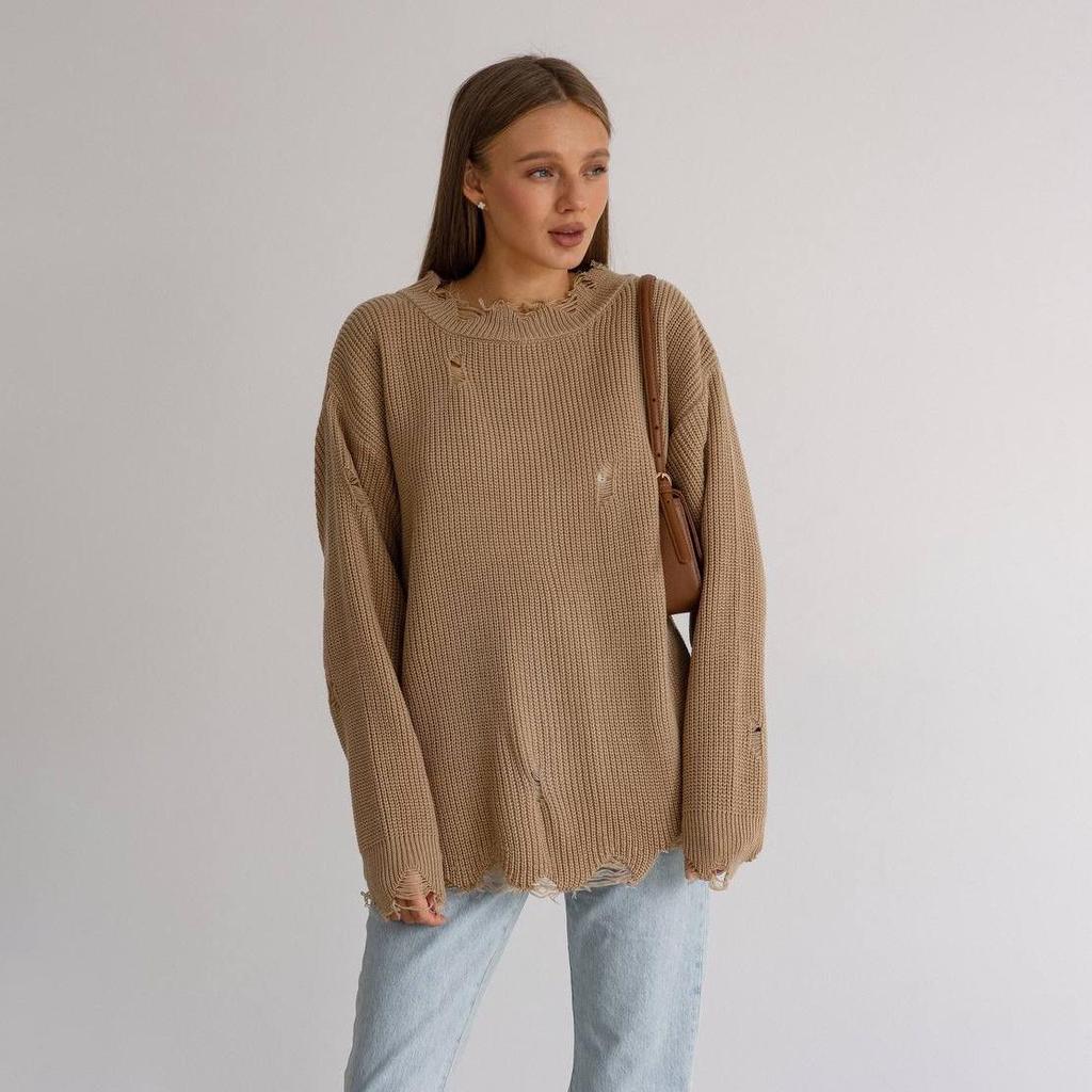 Autumn Winter Vintage Loose Long Sleeve Top Blocked Color Pullover Knitwear O-Neck Sweater