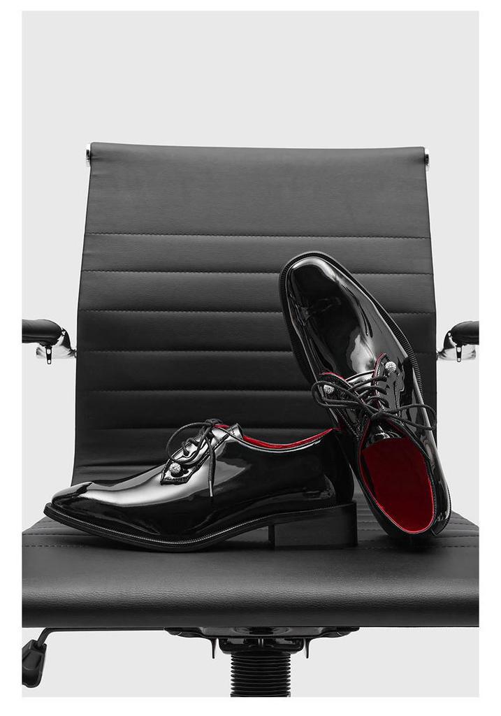 Men's Glossy Red Bottom Leather Shoes, British Style, Pointed Toe - Perfect for Business, Formal, Casual, or Wedding Attire (Model 2607)