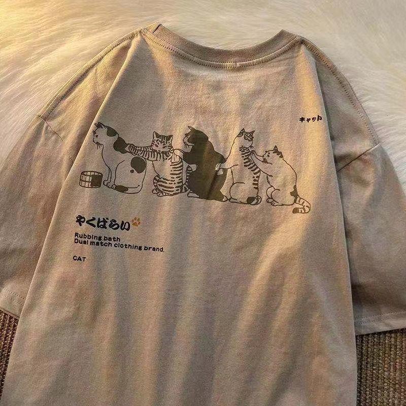 Летняя маленькая свежая футболка с короткими рукавами для мужчин и женщин, брендовая футболка Tide в стиле ретро, ​​футболка с короткими рукавами и принтом кота