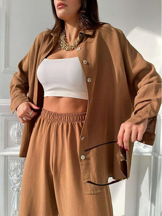 Весенний комплект-двойка 2024: Однотонная рубашка с лацканами и брюки-гаремы