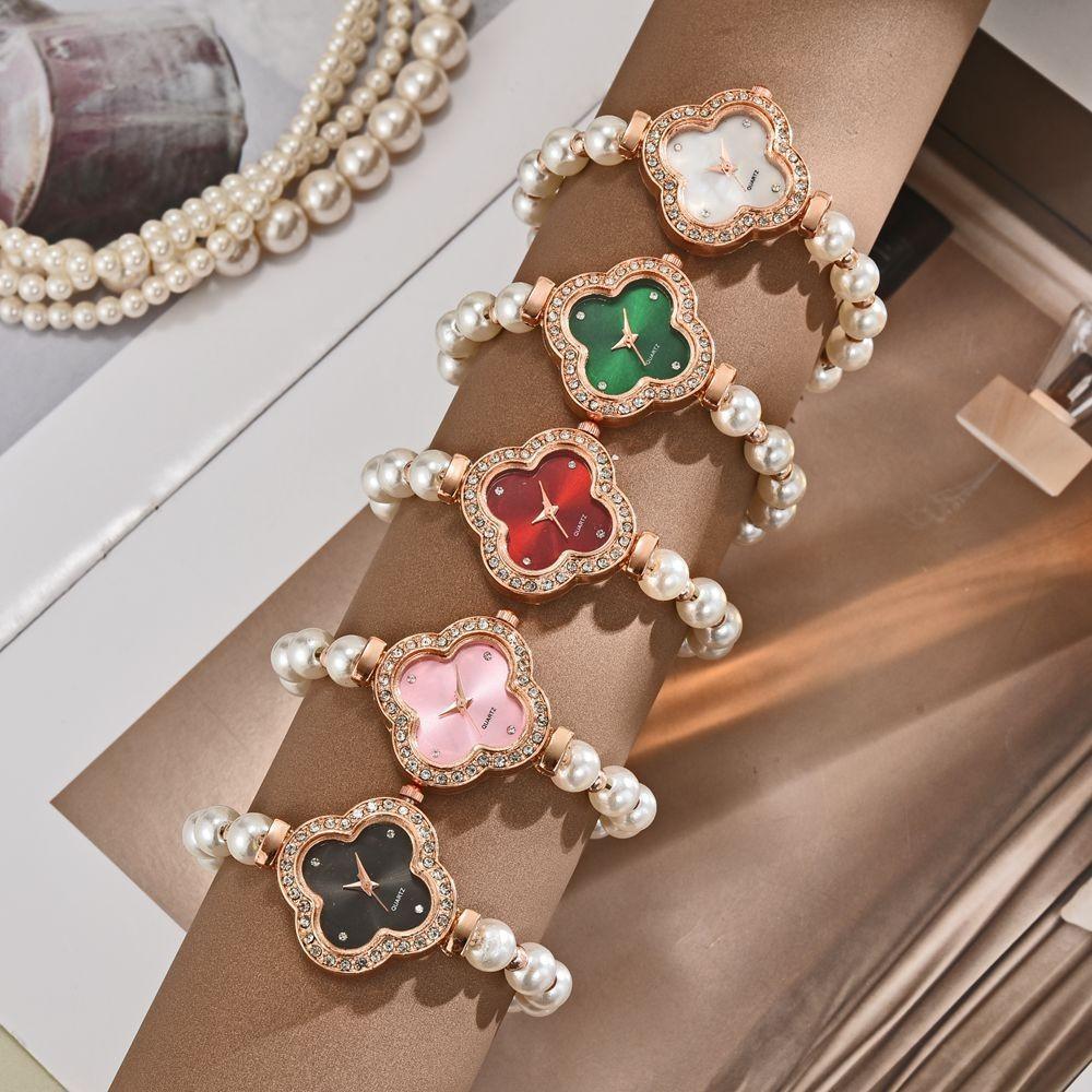 Clover Inlaid with Diamonds, Elegant Dial Decoration, Pearl Pull-out Bracelet, Quartz Watch, the Best Gift for Girls