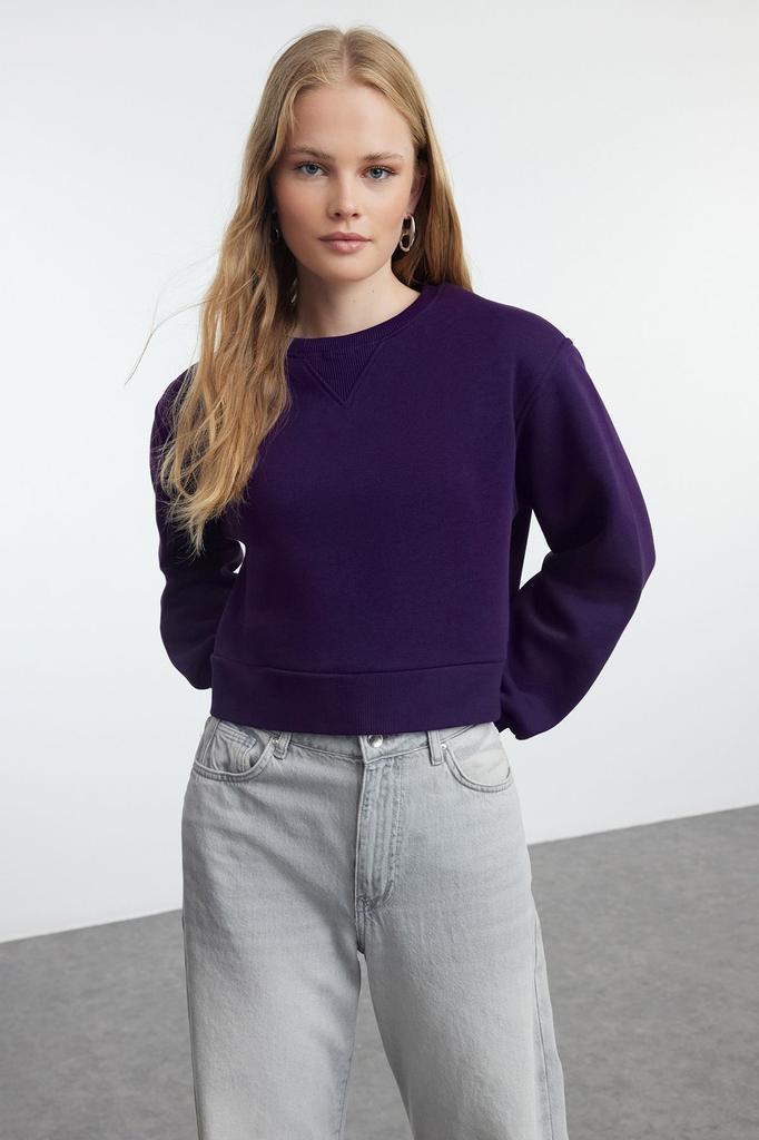 Women's Fashionable Stylish Sweatshirt Purple Thick Fleece Inside Relaxed Wide Fit Crop Basic Knitted Sweatshirt
