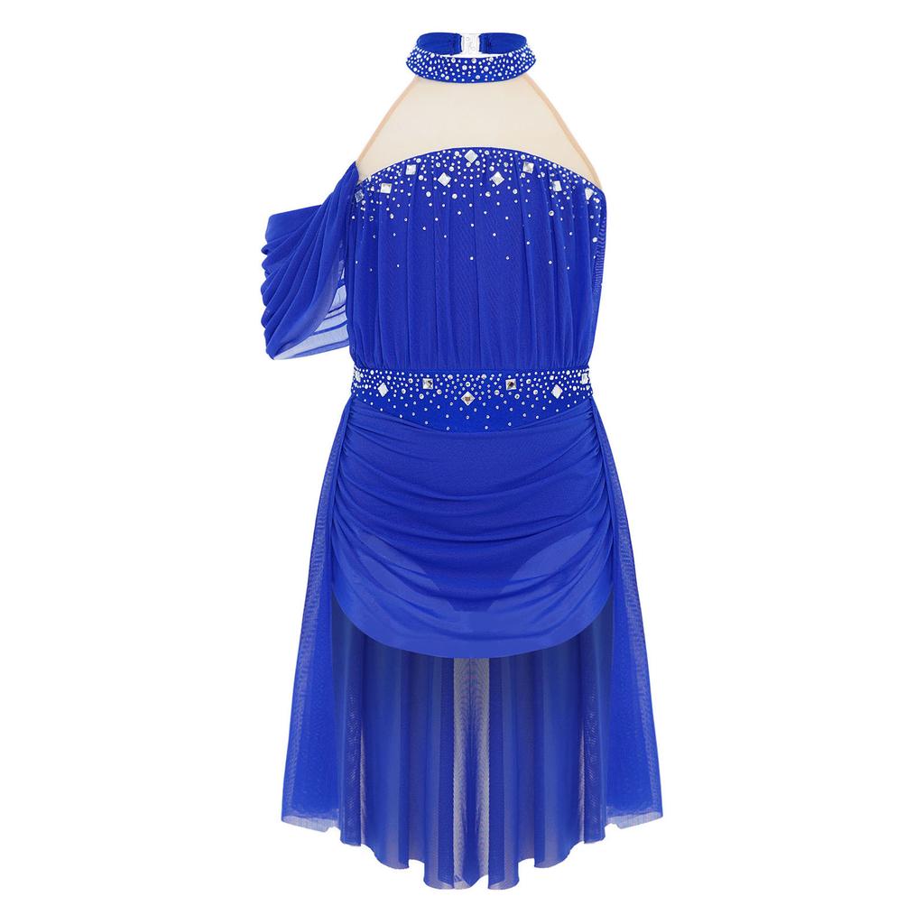 Girls Halter Backless Ruched Mesh Drape Dress Lyrical Dance Performance Rhinestone Costume
