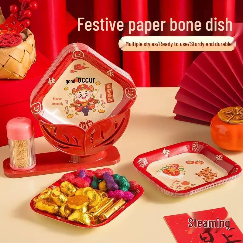 Festive Year of the Horse Disposable Plates - Thickened, Durable for New Year Gatherings & Spring Festival Picnics.