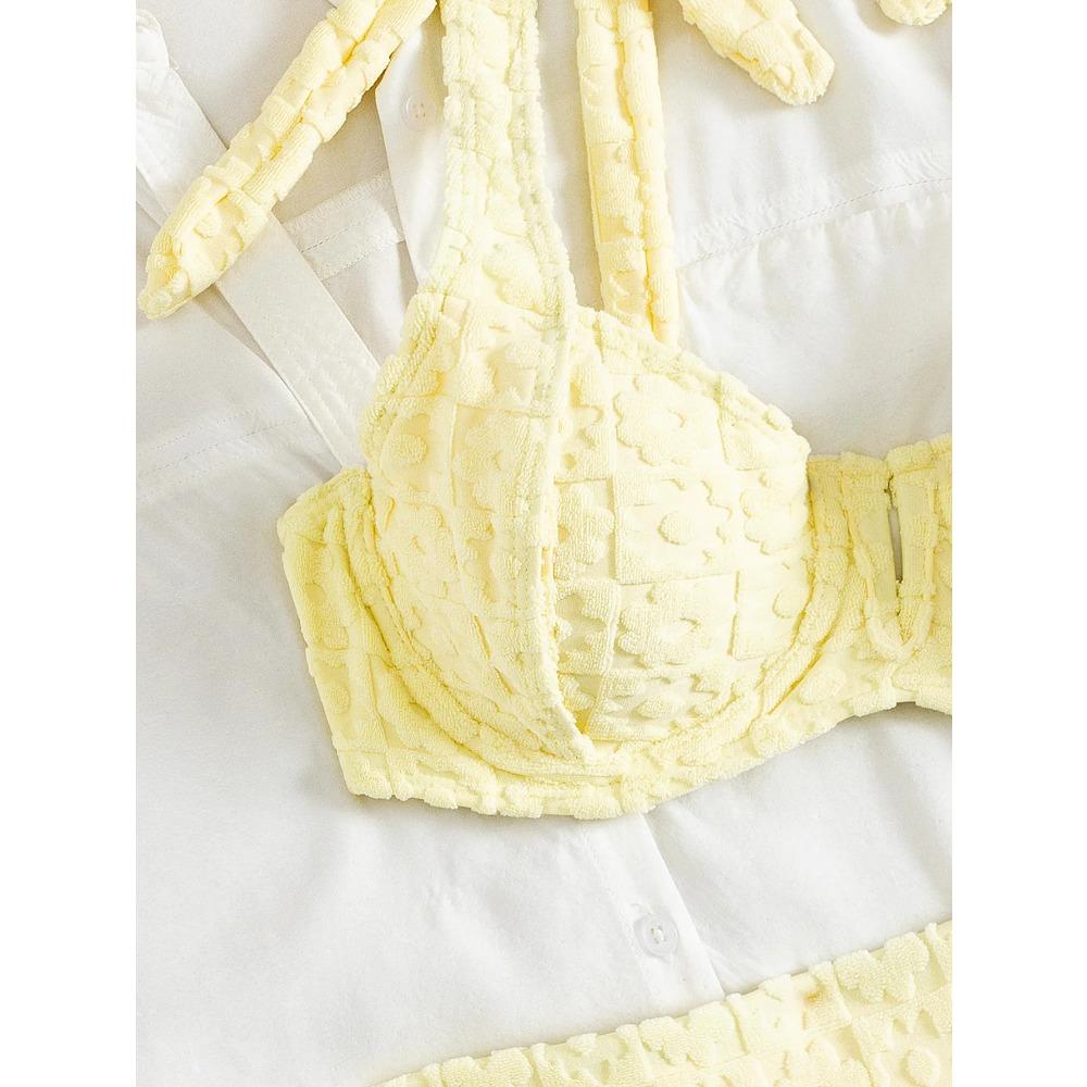 Сексуальный желтый комплект бикини 2025 женский завязки пуш-ап на косточках с высокой талией купальник летний купальный костюм раздельный купальник бикини