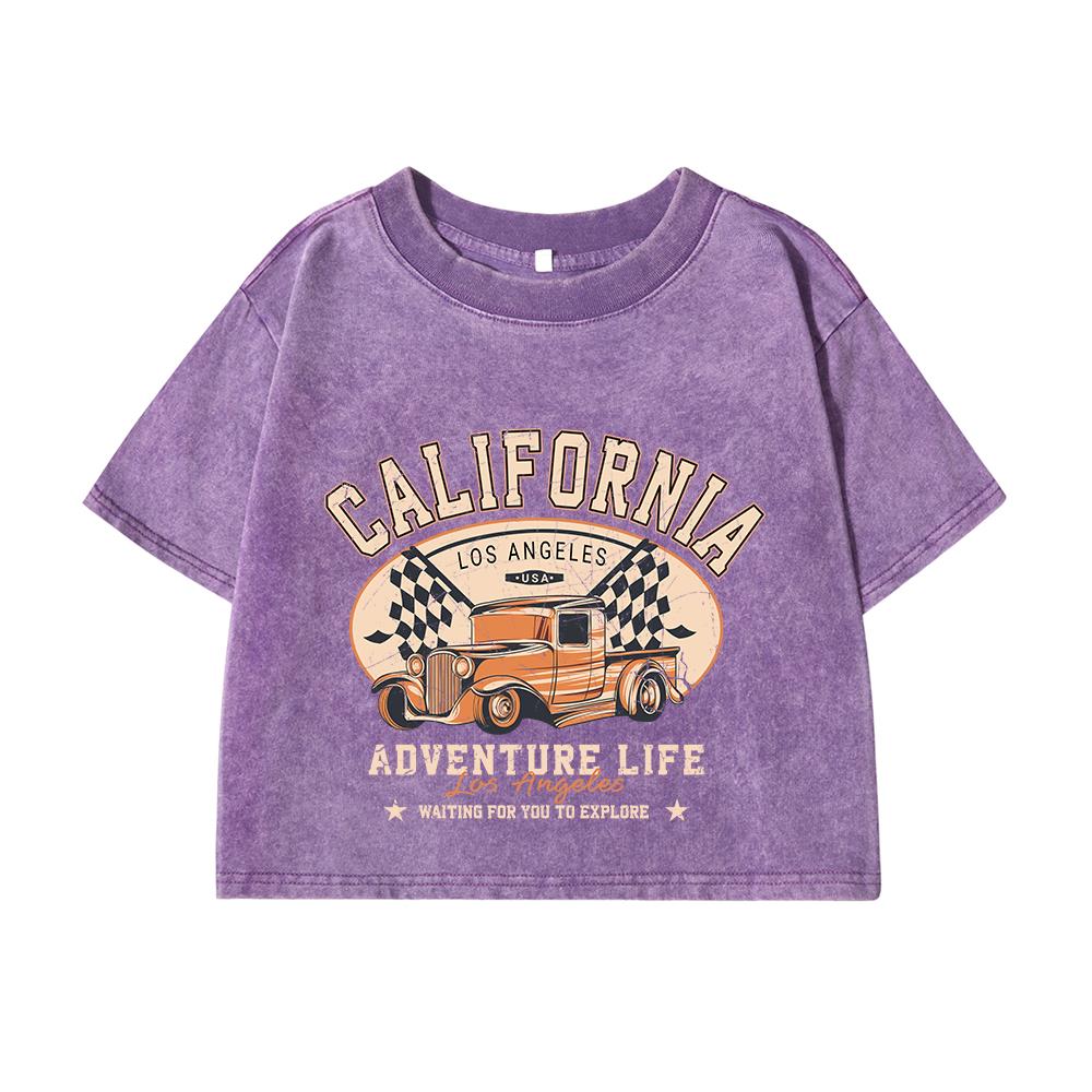 Женские хлопковые кроп-топы тренд O-образный вырез потертые выстиранные футболки принт Калифорния Лос-Анджелес уличная одежда