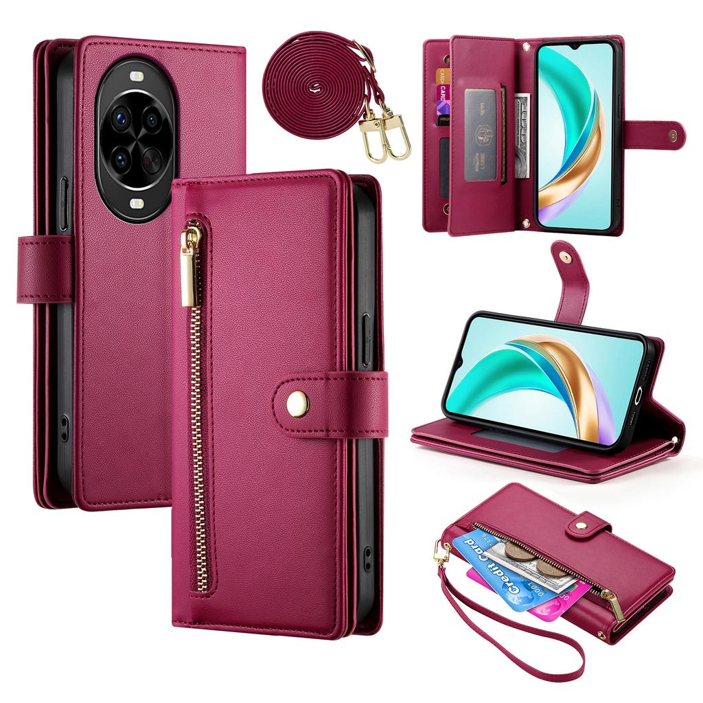 Чехол для Huawei nova 14 Pro 5G Кожаный чехол-кошелек с карманом на молнии и ремешками