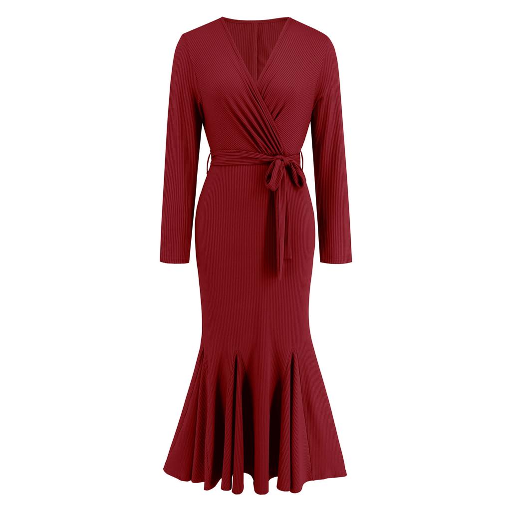 Women's Spring and Autumn V-neck Long-sleeved Slim Temperament Fishtail Dress Knitted Long Dress