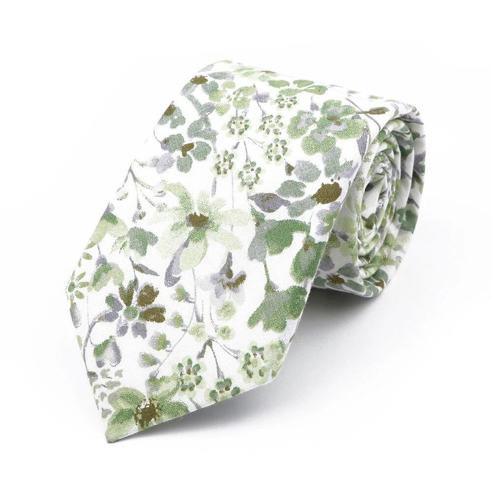 Floral Tie, For Men Women, 100% Cotton, Elegant Flower Necktie, White, Blue, Narrow Skinny, Wedding, Party