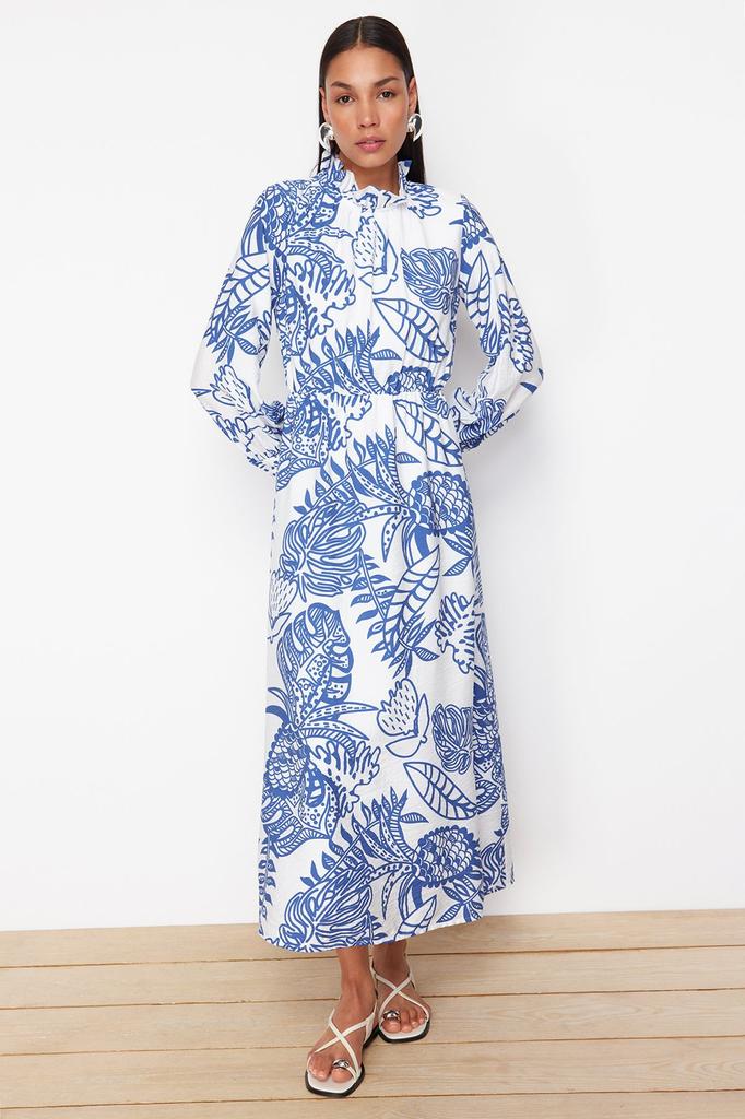 Women's Style Hijab Dress Blue Floral Woven Viscose Dress