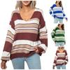 Women's Fashionable Casual Loose Striped V Neck Long Sleeved Pullover Sweater Long Sleeved