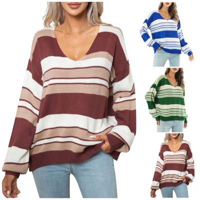 Женский модный повседневный свободный полосатый свитер с V-образным вырезом и длинными рукавами