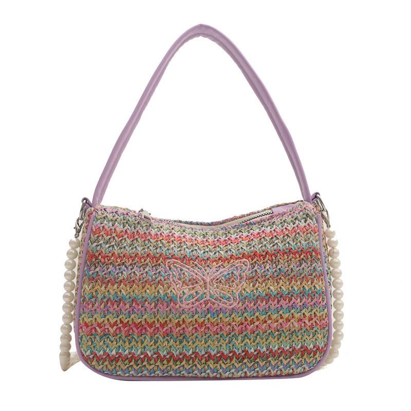 Stylish National Style Woven Bag With Pearl Chain Strap Small Shoulder Bag For Casual Outfits