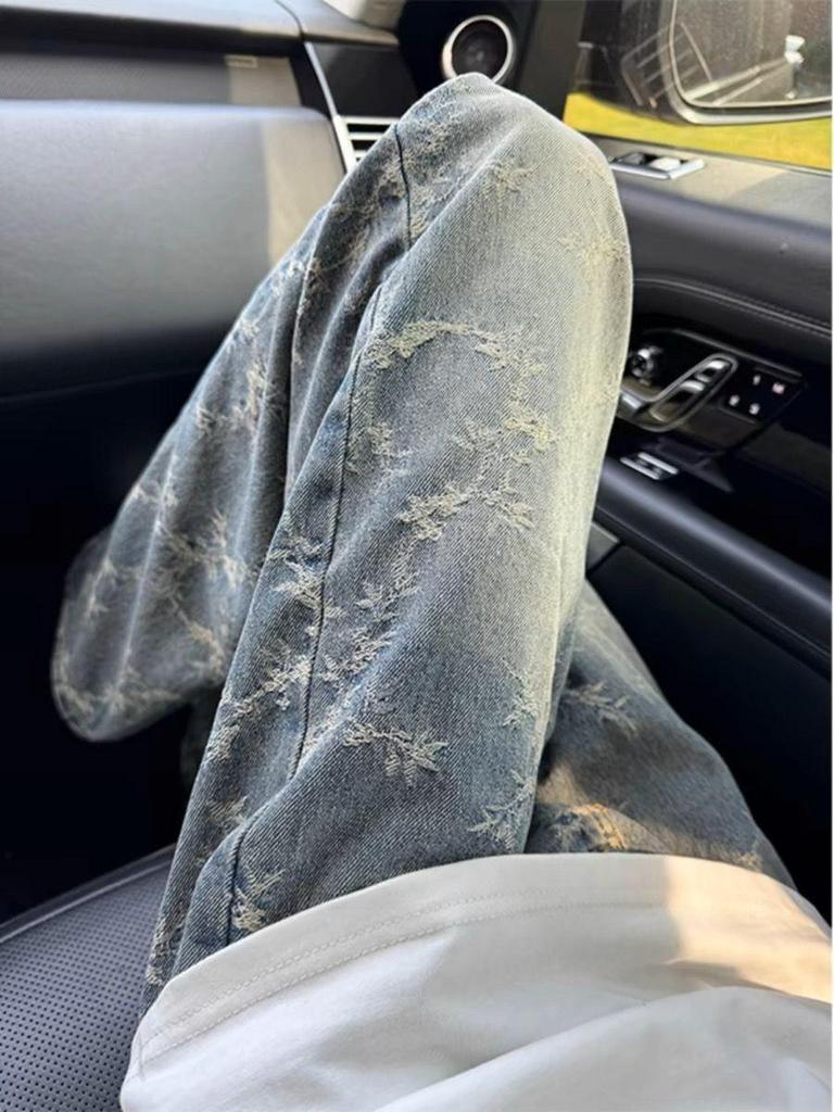 Женские синие жаккардовые джинсы широкого кроя - Ретро весенний дизайн со свободной, стильной посадкой