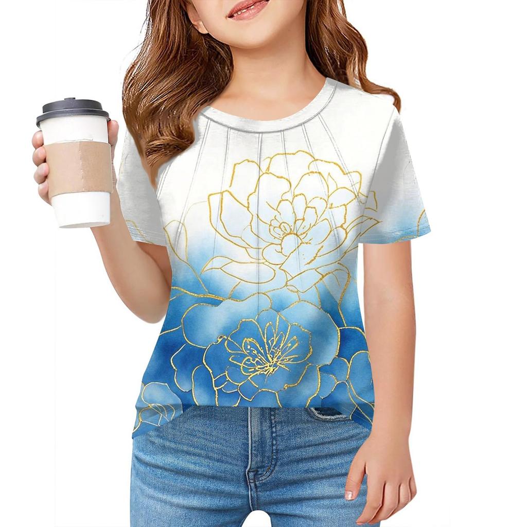 Детская футболка Fold A для девочек, летняя модная куртка с круглым воротником и цветочным принтом с короткими рукавами