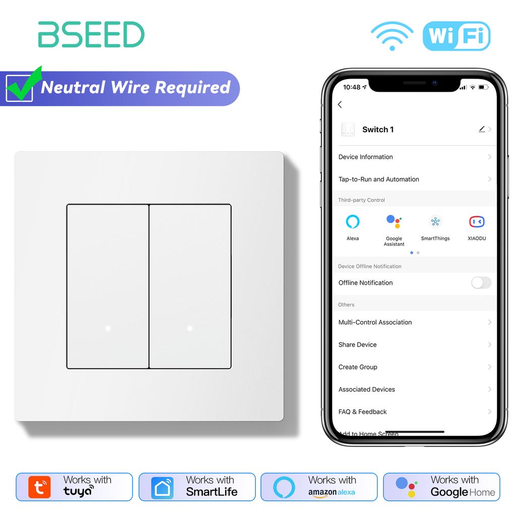BSEED WIFI Click Switches Wall Smart Click Light Plastic Switches Yellow Backlight Plastic Frame EU Standard Tuya APP Switch