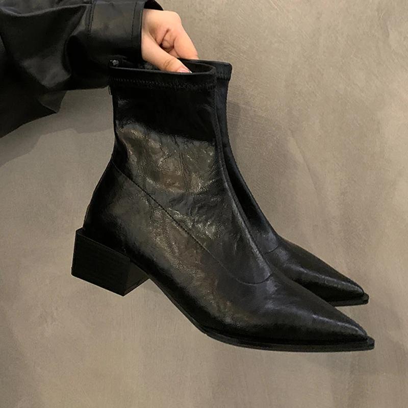 Массивные ботильоны женские остроносые туфли на среднем каблуке женские 2024 тренд зима новые готические челси снежные ботинки женские мотоциклетные ботинки