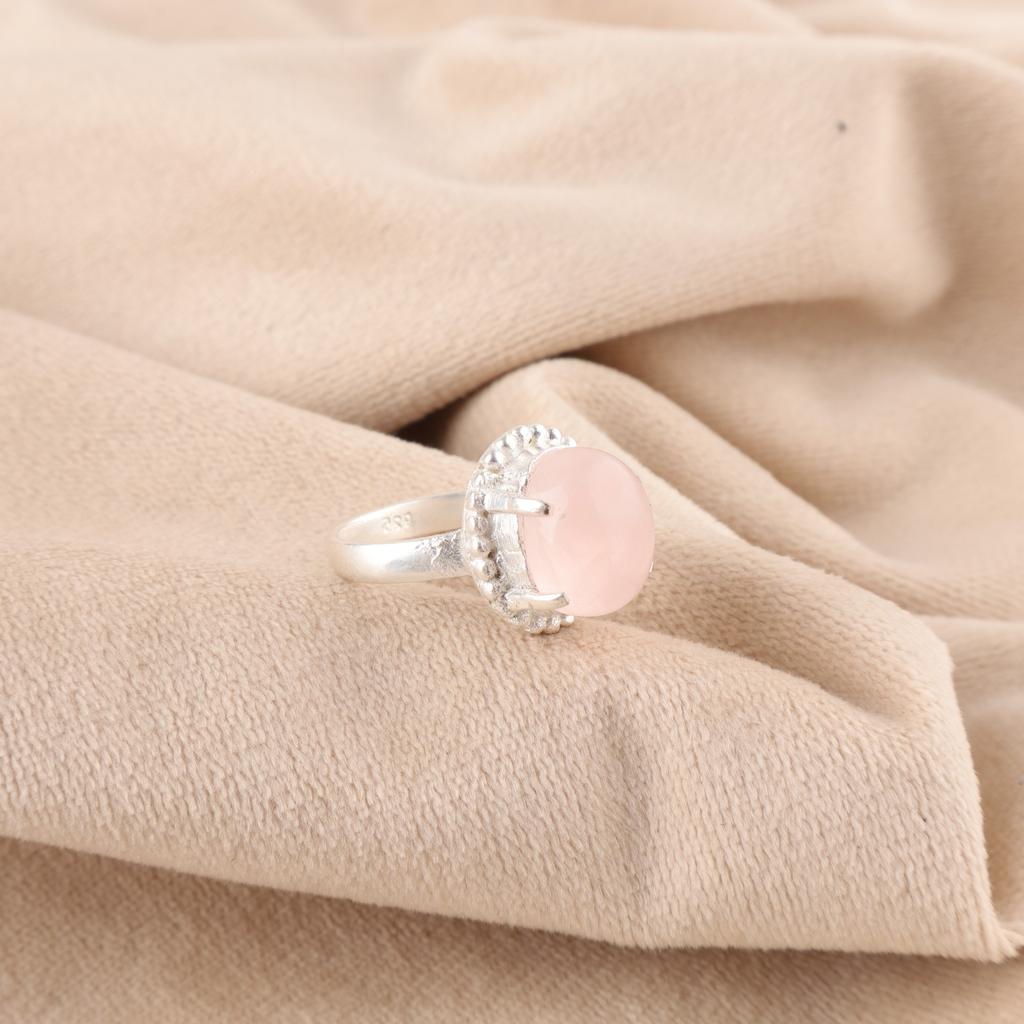 Heart Chakra Oval Rose Quartz Gemstone Sterling Silver Stackable Wedding Ring RR-28-42
