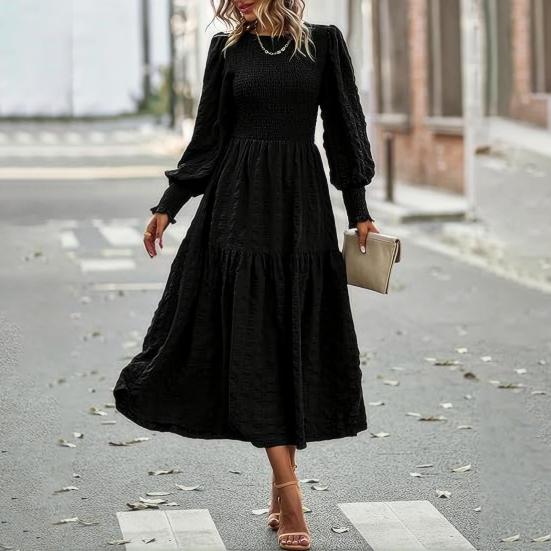 Осенне-весеннее женское платье с длинными рукавами-фонариками, трапециевидной формы, с круглым вырезом, однотонное плиссированное платье в стиле бохо, миди, платье для вечеринок и свиданий