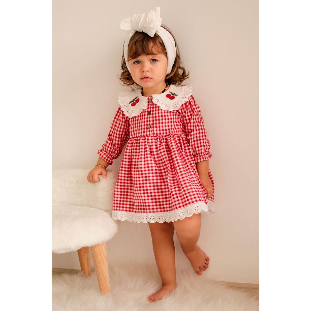 Baby Girl Red White Gingham Cherry Embroidered Ruffle Collar Dress