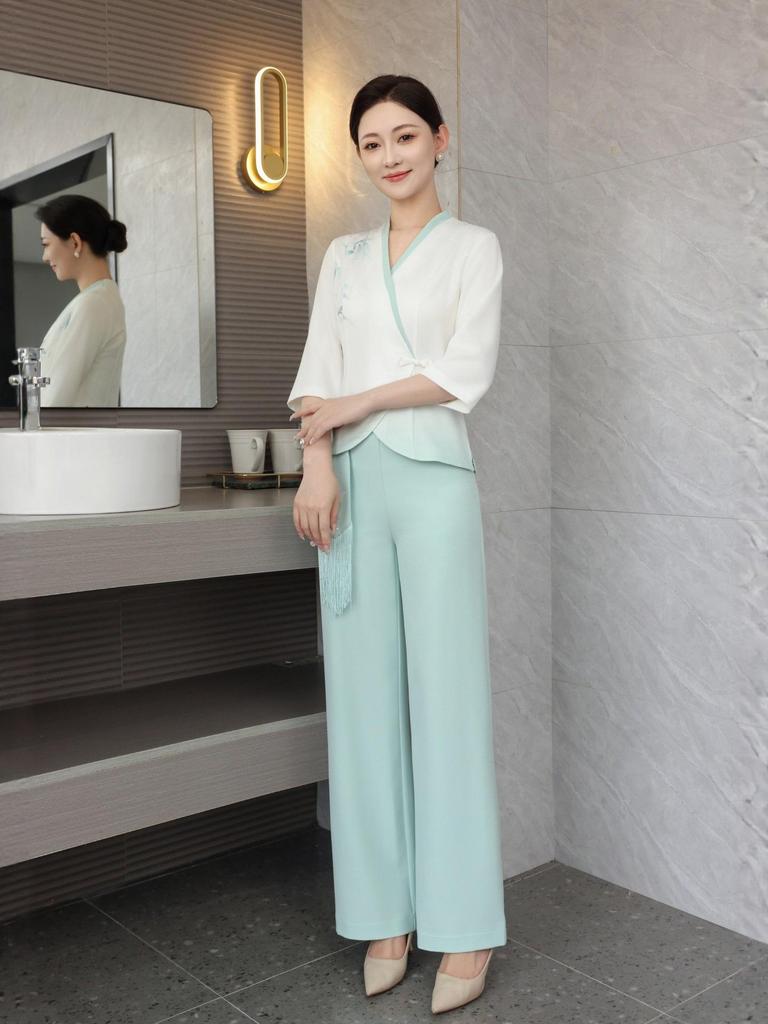 Новый комплект весенней рабочей одежды в китайском стиле для техников салонов красоты – женский влагоотводящий наряд.