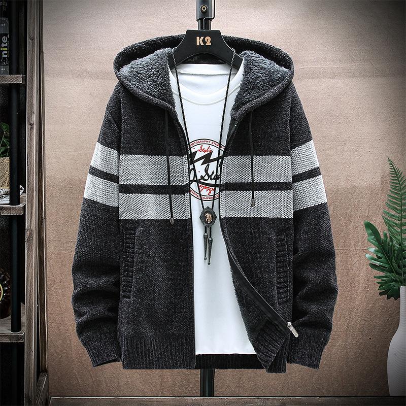 Autumn and Winter Men's Sweater European and American Hooded Cardigan Large Size Knitted Thickened Plush Sweater