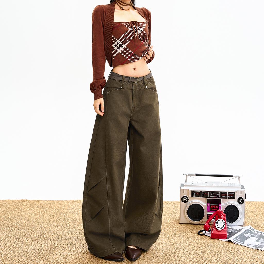 Retro brown coffee wide-leg jeans women's autumn and winter new splicing versatile loose and thin mopping pants American style