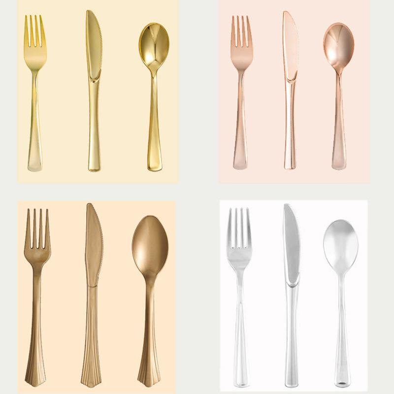 10pcs Electroplated Gold Plastic Knife Fork Spoon Birthday Party Disposable Knife Fork Spoon Tableware