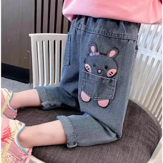 Children Cartoon Rabbit Jeans Thin Girls Loose Pocket Denim Pants Kids Fashion Casual Trousers