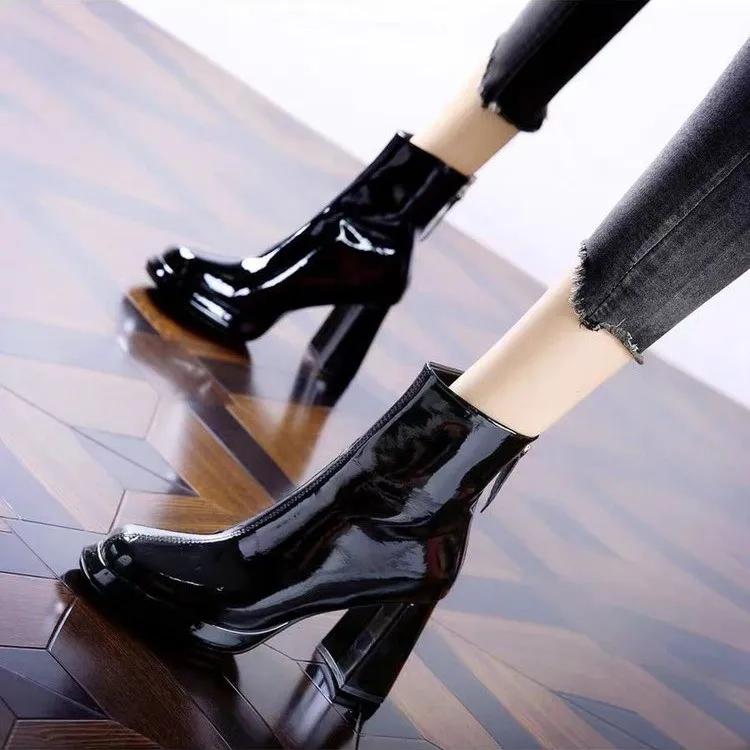 Ботильоны на платформе с высоким каблуком, женские туфли с квадратным носком, челси, глянцевая кожа, зима, снег 2024, тренд, роскошь, вечеринка, Botas Mujer