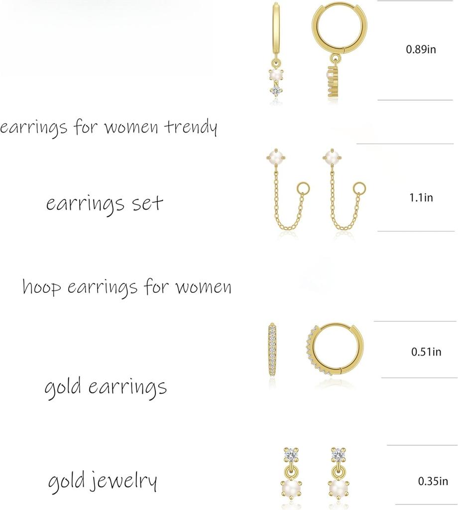 14k Gold Plated Pearl Hoop Earrings for Women Dainty Huggie Stacks, Hypoallergenic Cute Cartilage Studs, Trendy Fashion Zircon