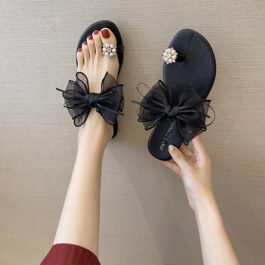 Обувь Женские тапочки Повседневные шлепанцы с узлом-бабочкой Пантофле с бусинами Низкие мягкие роскошные летние базовые тканевые шлепанцы на плоской подошве H