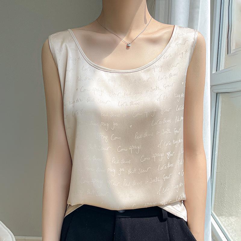Женская шелковая майка с принтом 24 года - Топ из сатина и шелка тутового дерева с круглым и V-образным вырезом для многослойности в летнем костюме
