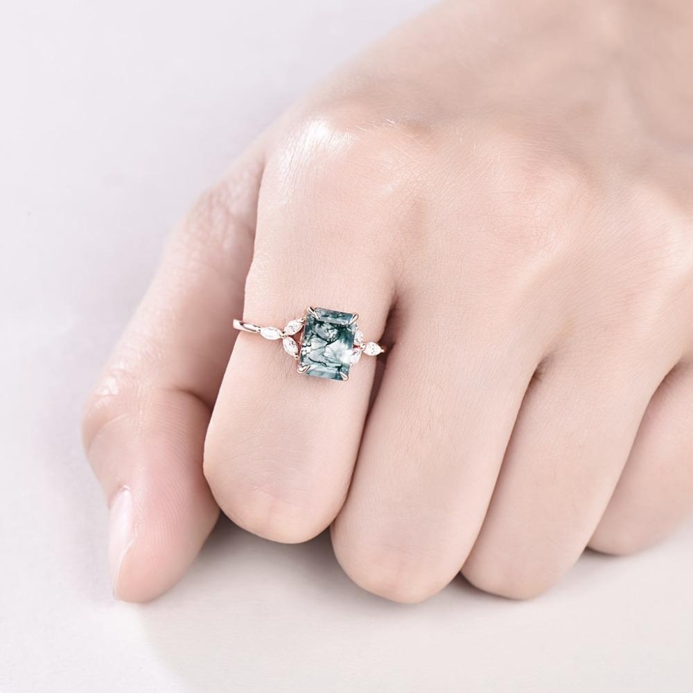 925 Sterling Silver Bohemian Natural Green Moss Agate Ring for Women Wedding Engagement Jewellery Gift