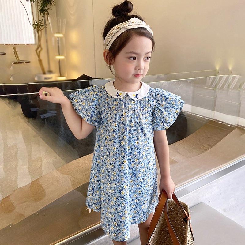 Летнее платье с цветочным принтом для маленьких девочек, милые платья с рукавами-лепестками и вышивкой, трапециевидные платья принцессы с воротником Питера Пэна, детская одежда, От 3 до 8 лет