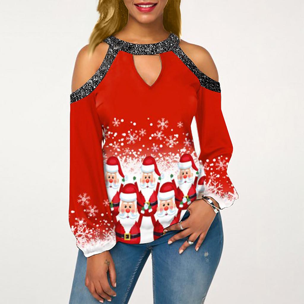 Женская свободная модная рождественская футболка с принтом, сексуальная футболка без бретелек с длинным рукавом и подвесным воротником