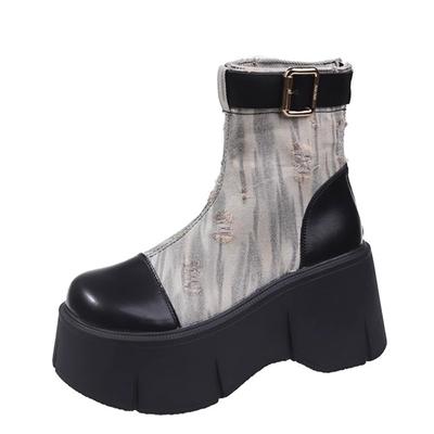 Мода 2024 Осень Тонкие Дышащие Холщовые Короткие Ботинки Женские Новые 8см Толстая Подошва Инс Супер Горячие Модные Ботильоны Обувь для Женщин