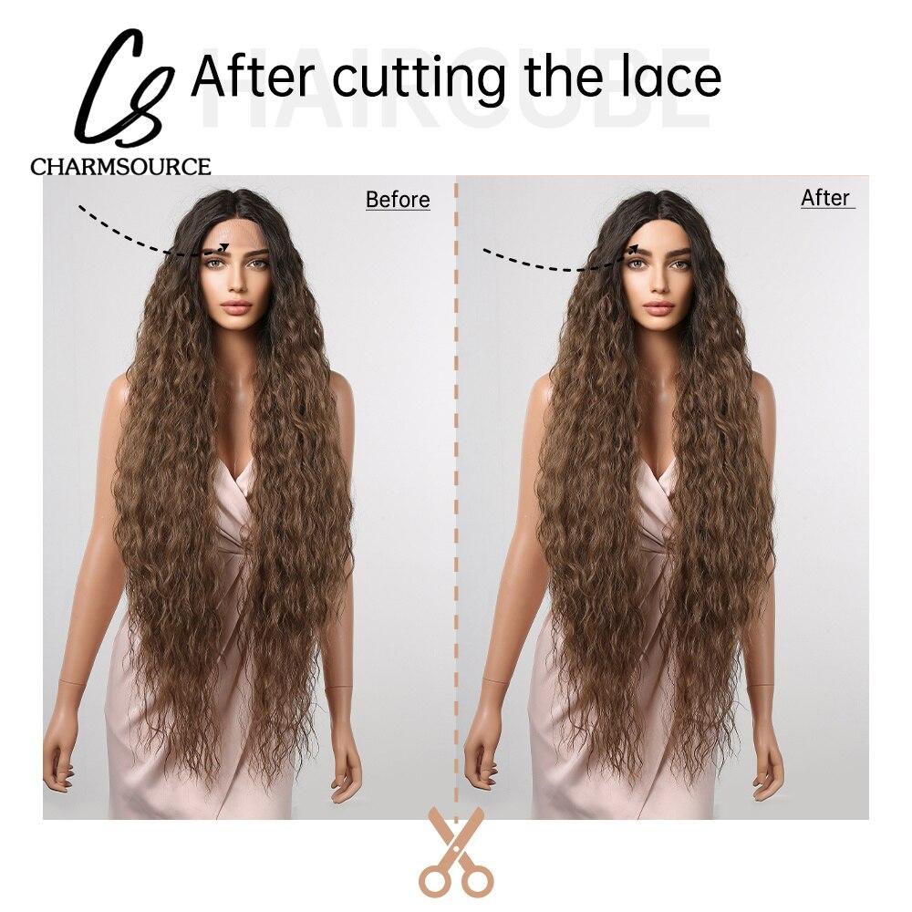 Супер длинный синтетический парик спереди, коричневые парики с омбре, вьющиеся парики для женщин, женские платья для косплея, вечерние платья, волосы из волокна высокой плотности