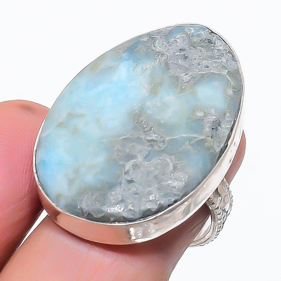 Natural Larimar Gemstone Handmade 925 Sterling Silver Jewelry Ring Size 7 W9M07