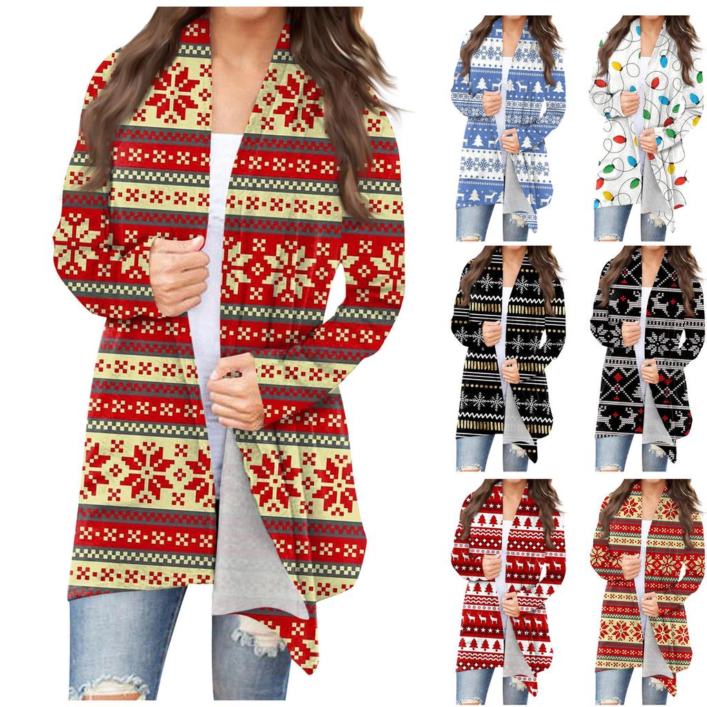 Women's Casual Floral Christmas Print Mid-length Cardigan Coat