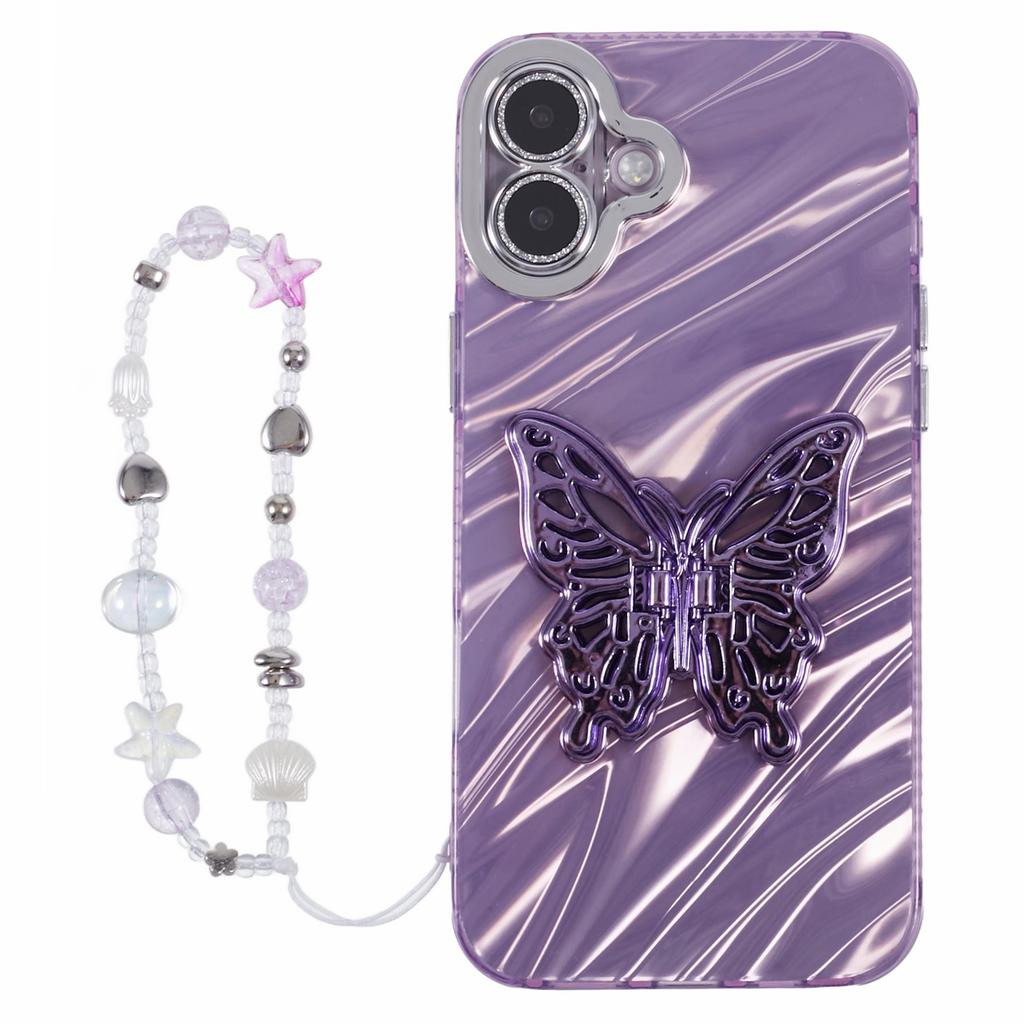 For iPhone 16 Case Butterfly Kickstand PC+TPU IMD Phone Cover with Lens Film / Beaded Strap - Feather Pattern / Pink