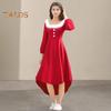 Christmas Performance Dress Fluffy Square Neck Pure Color A Line Irregular Hem Button Decor Festive Stage Show Santa Cosplay Costume New Year Party