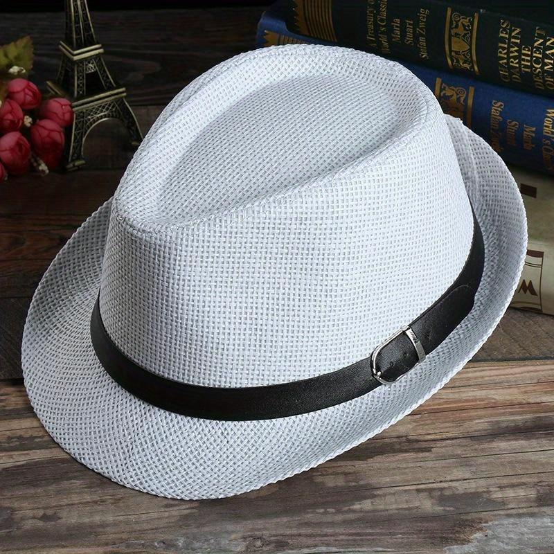 Men's Hat Woven Straw Sunshade Hat Casual Hat Belt Buckle Beach Hat Straw Sun White Wedding Black Belt Fedoras