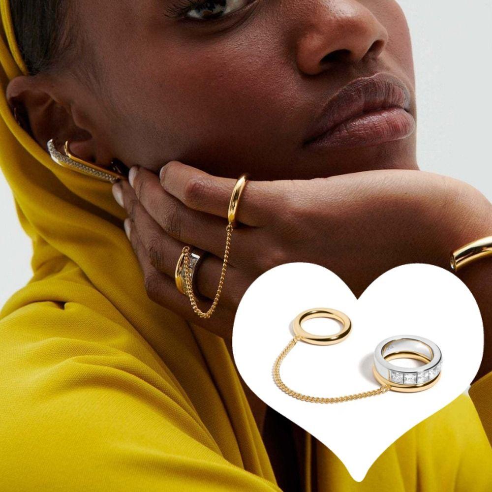 18K Gold Silver Stackable Finger Ring Zircon Tassel Metal Rings Chic Hip Hop Jewelry  for Women