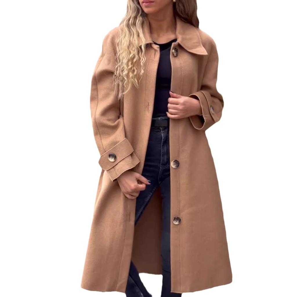 Autumn and Winter Women's Casual Button Long Solid Colour Tweed Jacket